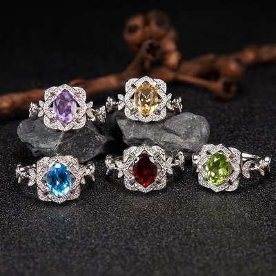 High-end Lace Floral S925 Sterling Silver Ring With Natural Gemstones High-end Lace Floral S925 Sterling Silver Ring With Natural Gemstones